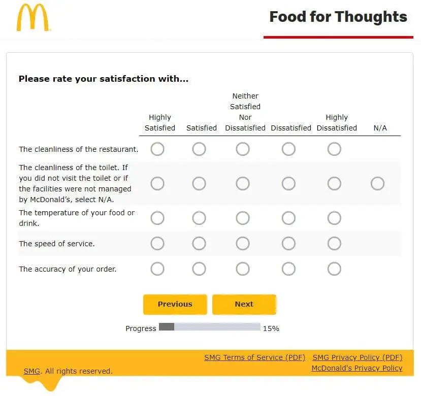 your satisfaction rate at McDonald's restaurant visit 