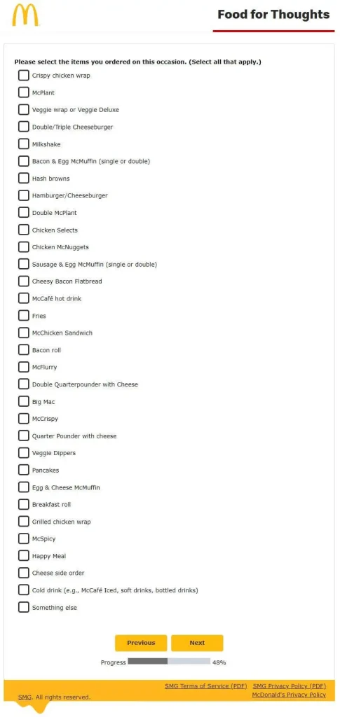 items you ordered at McDonald's restaurant visit